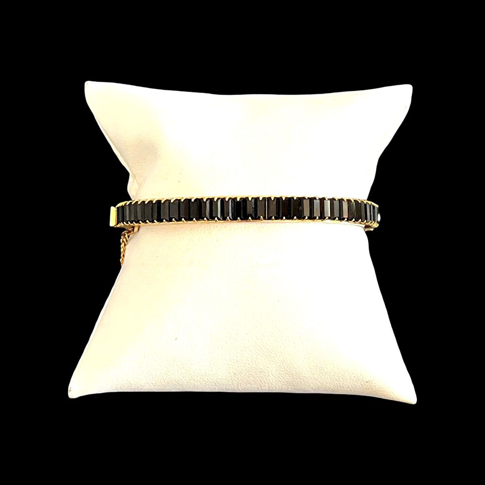 Vintage 1960s Hinged Clamper Bracelet Black Crystal Baguettes  Gold Tone - 15C